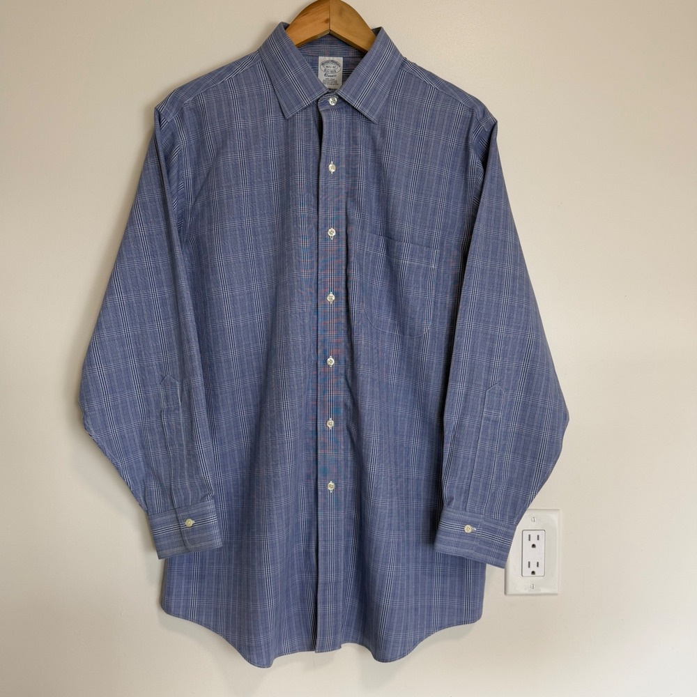 Brooks Brothers Classic Plaid Non-Iron Shirt Blue Mens 16.5 32 Wrinkle Resistant